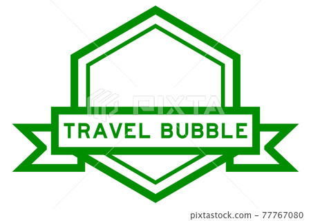 Vintage hexagon label banner with word travel bubble in green color on white background 77767080