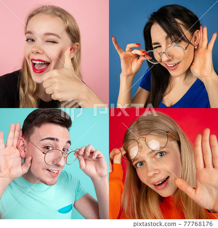 Portrait of group of people on multicolored background, collage, artwork 77768176