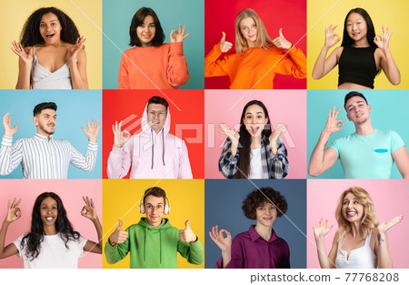 Portrait of group of people on multicolored background, collage, artwork 77768208