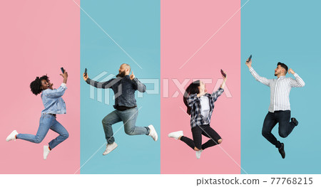 Portrait of group of people on multicolored background, collage, artwork 77768215