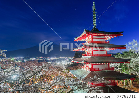 Fujiyoshida, Japan at Chureito Pagoda and Mt. Fuji in the Spring 77768311