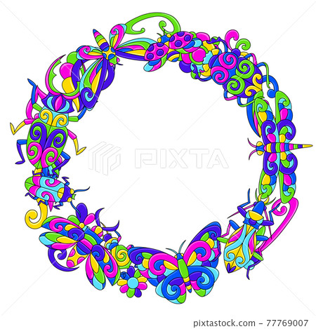 Decorative frame with stylized bugs and insects. Mexican ceramic cute naive art. Decorative frame with stylized bugs and insects. Mexican ceramic cute naive art. 77769007