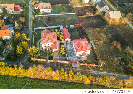 Aerial landscape of small town or village with rows of residential homes and green trees. Aerial landscape of small town or village with rows of residential homes and green trees. 77770169