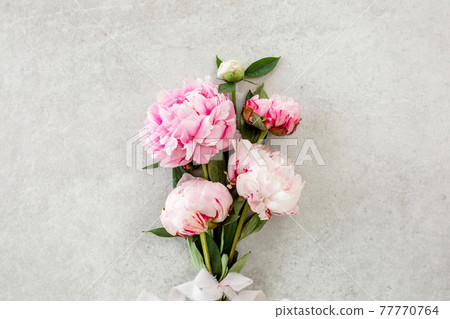 Beautiful pink peony flowers on gray stone table with copy space for your text. Flat style, top view Beautiful pink peony flowers on gray stone table with copy space for your text. Flat style, top view 77770764