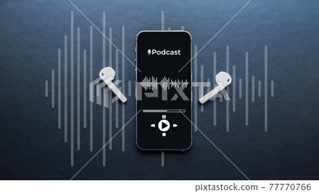 Podcast icon. Audio equipment with microphone, sound headphones, podcast application on mobile smartphone screen. Radio recording sound voice on dark background. Broadcast media music concept. 77770766