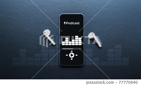 Podcast music. Mobile smartphone screen with podcast application, sound headphones. Audio voice with radio microphone on black background. Broadcast media music banner with copy space. 77770840