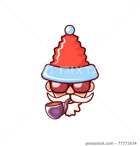 Santa Claus head with Santa red hat, smoking pipe and red hipster sunglasses isolated on white Christmas background. Santa label or sticker design 77772034