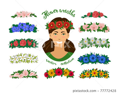 A girl in a flower wreath. A set of Floral tiaras. Vector elegant beautiful young woman portrait. Isolated on white background A girl in a flower wreath. A set of Floral tiaras. Vector elegant beautiful young woman portrait. Isolated on white background 77772428