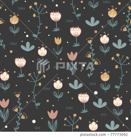 Doodle floral seamless pattern. Scandinavian style print with cute flowers on dark background. Trendy vector happy illustration, textile and stationery design 77773092