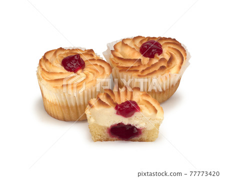 Strawberry Filled Curd Cake on white background Strawberry Filled Curd Cake on white background 77773420