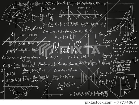 Mathematical white formulas drawn by hand on the black chalkboard for the background. Vector illustration. Mathematical white formulas drawn by hand on the black chalkboard for the background. Vector illustration. 77774067