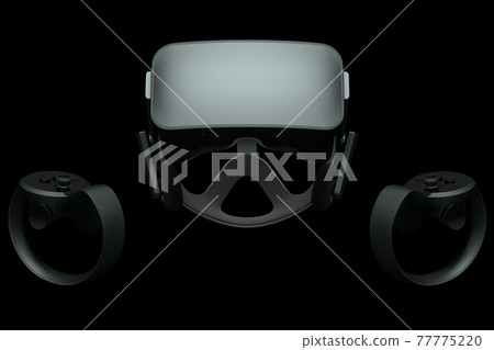 Virtual reality glasses and controllers for online gaming on black background 77775220