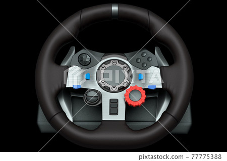 Realistic leather steering wheel isolated on a black background. 77775388