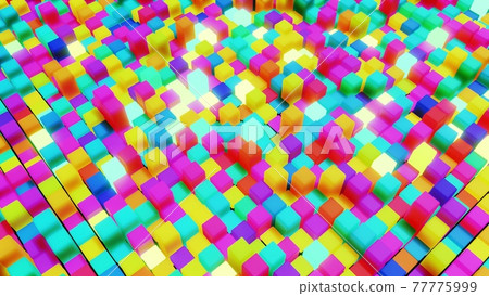 3d abstract simple geometric background with multicolor cubes flash neon light. Cubes form a flat structure. Creative simple motion design bg with 3d objects. 3d render 3d abstract simple geometric background with multicolor cubes flash neon light. Cubes form a flat structure. Creative simple motion design bg with 3d objects. 3d render 77775999
