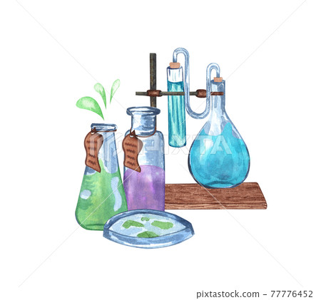 Watercolor science equipment of microscope, glass, laboratory tools. Hand drawn chemistry illustration. School set. 77776452
