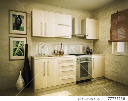 3d illustration of modern kitchen design concept in traditional style. Interior design of the kitchen in light colors. 77777236