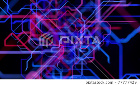 Motion graphics, sci-fi bg with flow of blue red neon glow lines form digital 3d space. Connection concept. Visualization of neural network operation, multiple calculations ai. 3d render 77777429