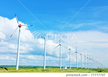 Hokkaido Summer blue sky and landscape of Othon Rui wind power generation 77777797