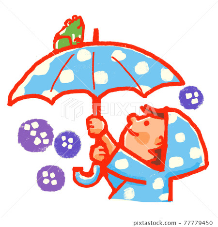 A child looking up at a frog on an umbrella 77779450