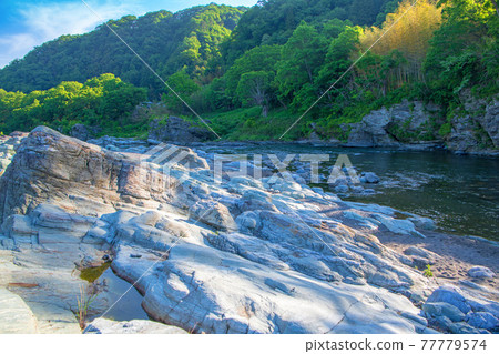 春天的長瀞溪谷,清新的綠色,靠近長瀞町上鵝卵石的風景 春天的長瀞溪谷,清新的綠色,靠近長瀞町上鵝卵石的風景 77779574