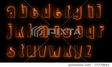 3D rendering glow effects of the contours of the lowercase letters of the English alphabet on a black background. Neon design elements 3D rendering glow effects of the contours of the lowercase letters of the English alphabet on a black background. Neon design elements 77779683