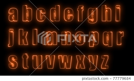 3D rendering glow effects of the contours of the lowercase letters of the English alphabet on a black background. Neon design elements 77779684