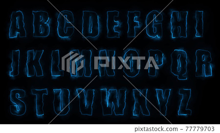 3D rendering glow effects of the contours of the uppercase letters of the English alphabet on a black background. Neon design elements 3D rendering glow effects of the contours of the uppercase letters of the English alphabet on a black background. Neon design elements 77779703