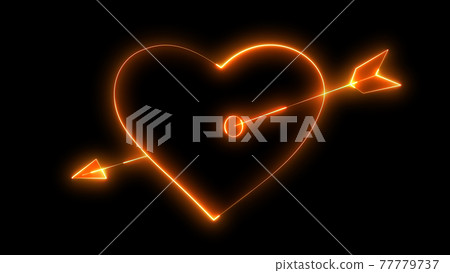 3D rendering glow effects of the contour of a heart pierced by an arrow of cupid on a black background. Neon design elements 77779737