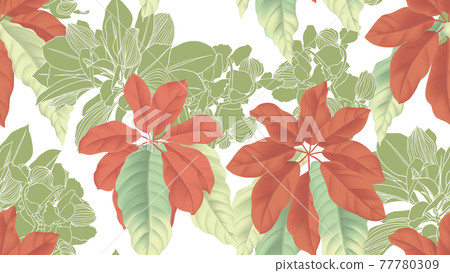 Tropical seamless pattern,  red umbrella tree and green leaves on white 77780309
