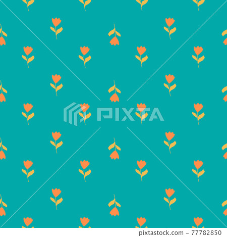 Bright seamless pattern with orange botanic tulip flowers little ornament. Blue background. Contrast style. Bright seamless pattern with orange botanic tulip flowers little ornament. Blue background. Contrast style. 77782850