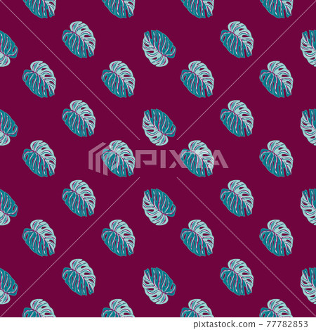 Little blue monstera leaves exotic seamless pattern in nature style. Purple colored background. Little blue monstera leaves exotic seamless pattern in nature style. Purple colored background. 77782853