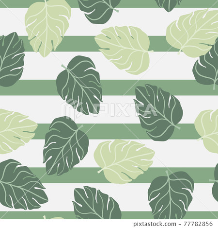Doodle seamless random abstract pattern with botanic simple monstera leaf ornament. Striped background. Doodle seamless random abstract pattern with botanic simple monstera leaf ornament. Striped background. 77782856