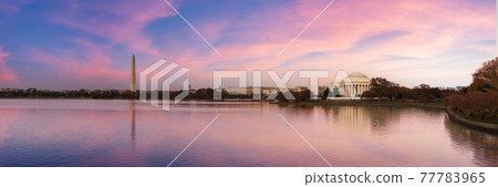 Jefferson Memorial and Washington Monument reflected on Tidal Basin in the morning. Jefferson Memorial and Washington Monument reflected on Tidal Basin in the morning. 77783965