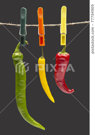 peppers hanging on clothespins. Vegetable vitamin food. Colored hot chili 77784909