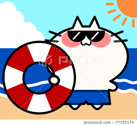 泳裝 Nyanko 戴著太陽鏡，漂浮在海灘上 插圖素材 77785574