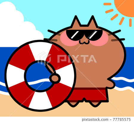 沙灘上帶浮環和太陽鏡的泳裝 Tan Nyanko 插圖素材 77785575