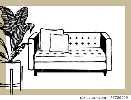 Hand-drawn illustration of the interior. Illustration of foliage plants and sofas. 77786929