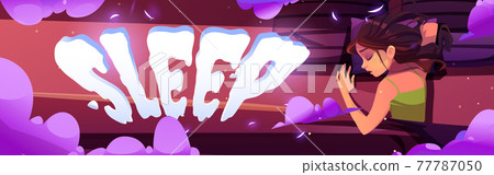 Young woman sleep cartoon banner girl lying in bed 77787050