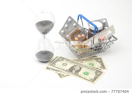 pills, ampoules and syringe for injection, money dollars and hourglass on a white background pills, ampoules and syringe for injection, money dollars and hourglass on a white background 77787404