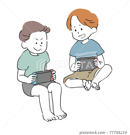 Hand-painted children playing with home video game consoles Hand-painted children playing with home video game consoles 77788229