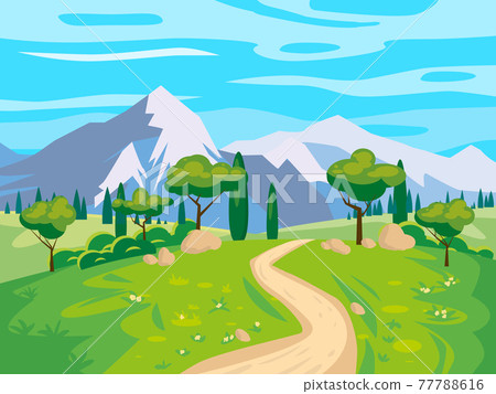 Landscape scenery view, road to snow mountaines, green meadow, flowers, trees. Rural nature, travel through countryside. Vector illustration 77788616