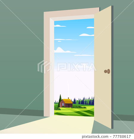 Open Door to nature way. Landscape valley symbol freedom, new way exit, discovery, opportunities. Motivation concept to real world. Vector illustration cartoon style poster banner Open Door to nature way. Landscape valley symbol freedom, new way exit, discovery, opportunities. Motivation concept to real world. Vector illustration cartoon style poster banner 77788617