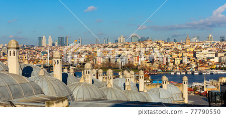 View from Suleymaniye Mosque of Beyoglu district across Golden Horn, Istanbul 77790550
