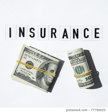 Text INSURANCE around US dollar banknotes. Health, life, home, car Insurance. Insurance business concept. Health care or medicare insurance and vaccination costs. Financial crisis. Covid-19 crimes Text INSURANCE around US dollar banknotes. Health, life, home, car Insurance. Insurance business concept. Health care or medicare insurance and vaccination costs. Financial crisis. Covid-19 crimes 77790820