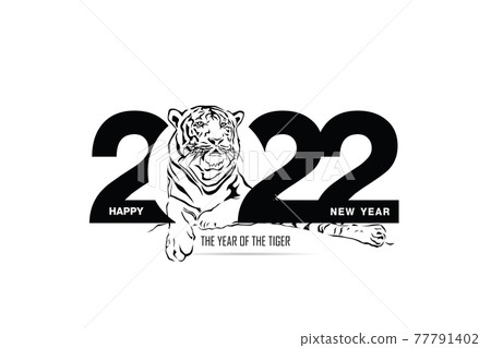 Happy new year 2022 year of tiger drawing tiger black and white lines lying on numbers 2022 for poster, brochure, banner, invitation card, vector illustration Isolated on white background. Happy new year 2022 year of tiger drawing tiger black and white lines lying on numbers 2022 for poster, brochure, banner, invitation card, vector illustration Isolated on white background. 77791402