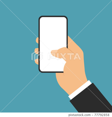 Flat design illustration of business man hand. Holding a smartphone with a blank white touch screen. Isolated on green background, vector 77792858