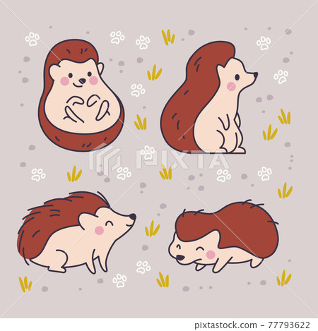 Collection of cute funny little hedgehogs smiling isolated on light park  background.  77793622