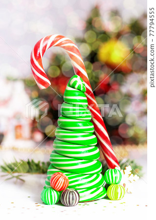 Caramel candy Christmas tree. Christmas card concept. Caramel candy Christmas tree. Christmas card concept. 77794555