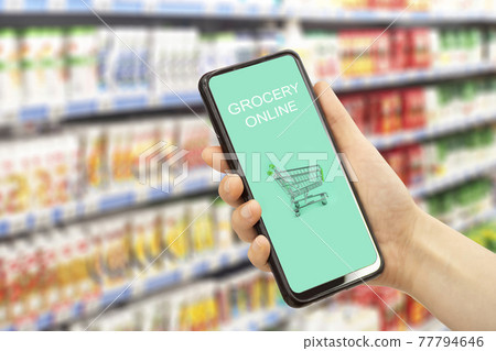 Online grocery delivery app in a mobile phone. Food market service in smartphone. Grocery delivery background concept. Shopping cart. Online grocery delivery app in a mobile phone. Food market service in smartphone. Grocery delivery background concept. Shopping cart. 77794646