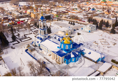Aerial view of the Church of the Assumption of the Blessed Virgin Mary in Zadonsk in winter Aerial view of the Church of the Assumption of the Blessed Virgin Mary in Zadonsk in winter 77795042